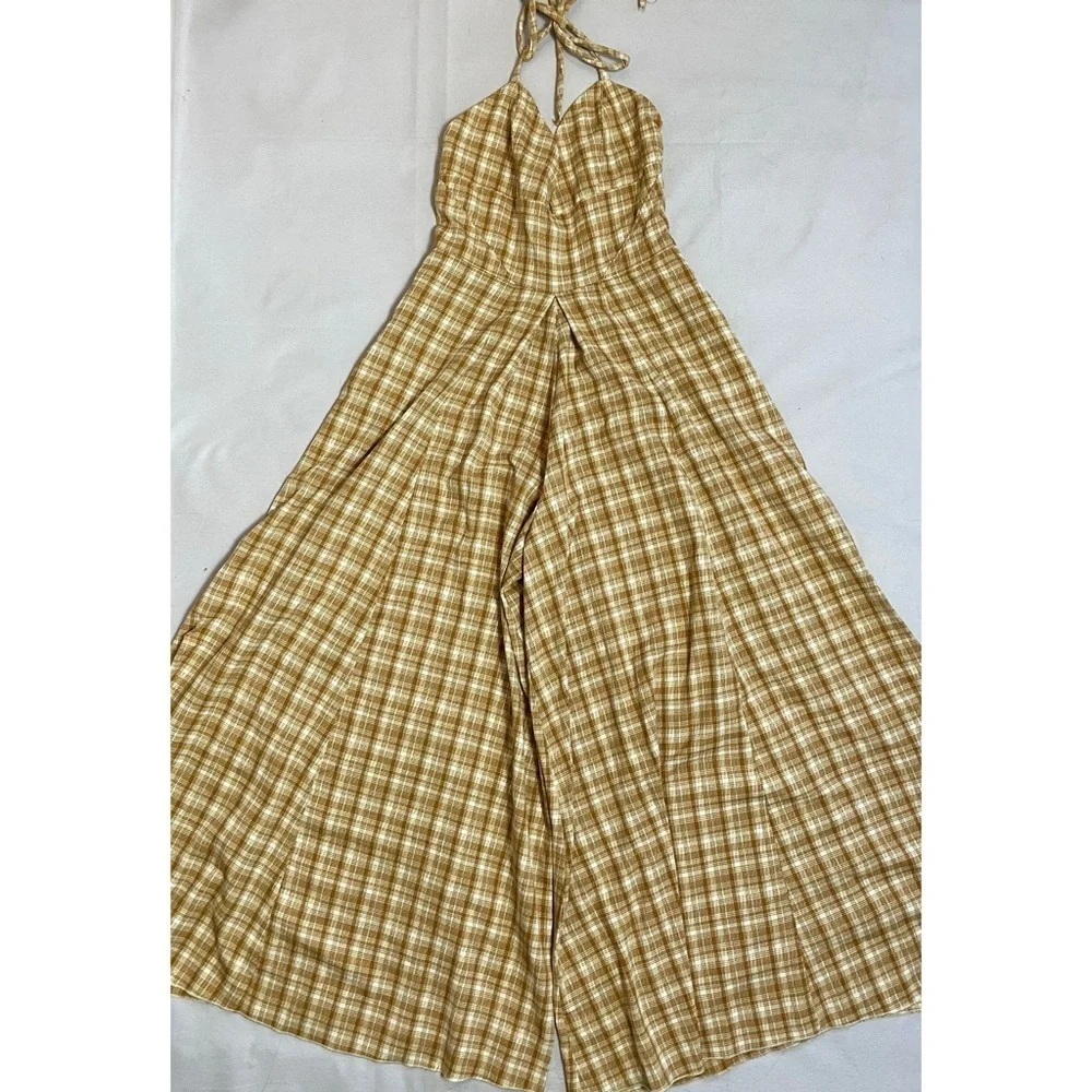 New Free People Plaid Yellow Kaia Jumpsuit Size XS